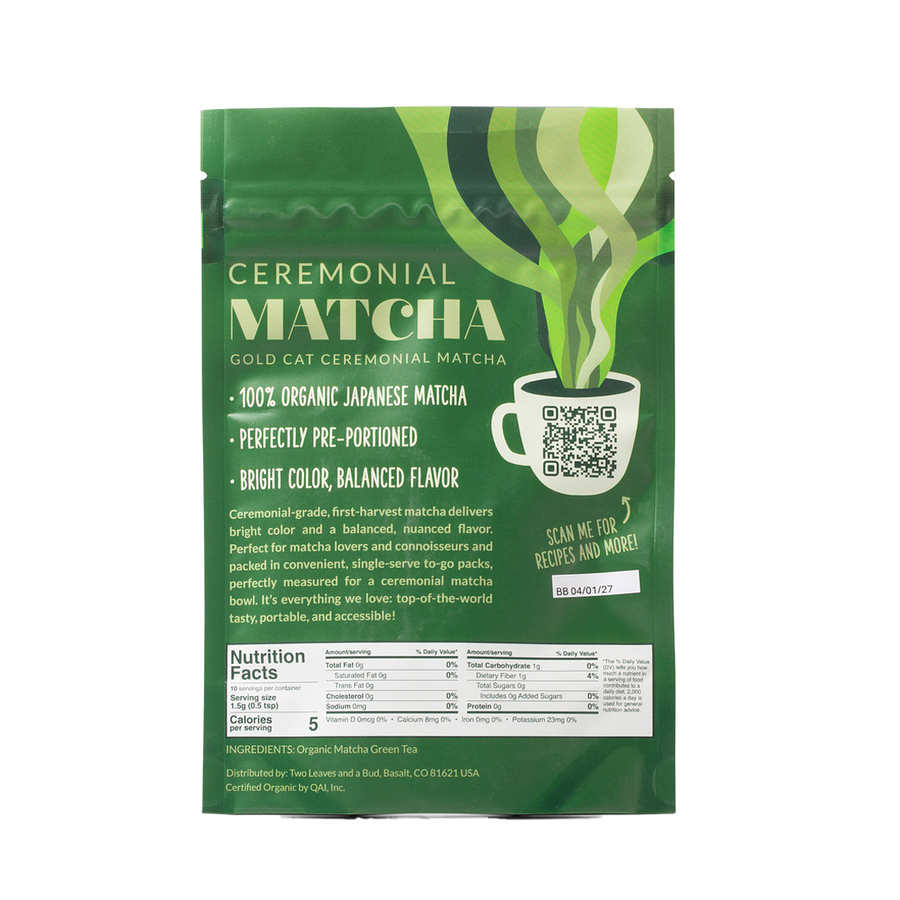 Two Leaves and a Bud Organic Ceremonial Matcha Tea Single-Serve Sticks