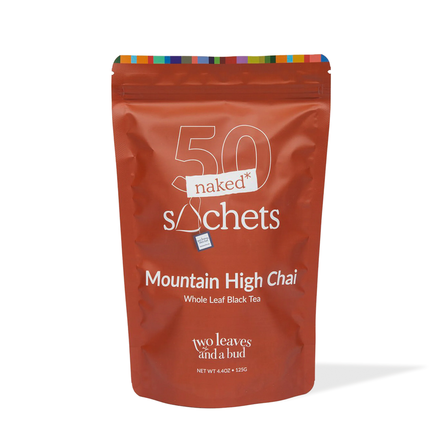 Red package of 50 Naked Sachets Mountain High Chai tea on a white background