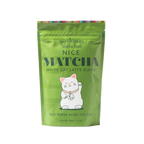 Green package of 'Two Leaves and a Bud Nice Matcha White Cat Latte Blend' with a cartoon cat on a white background
